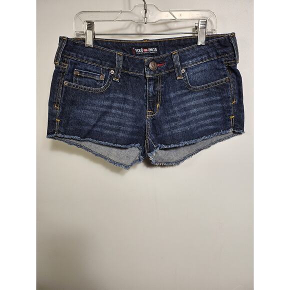 Ecko Unltd. Pants - Ecko UNLTD Women's Shorts Size 3/4 Blue Dark Wash Denim Jean Pockets Raw Hem